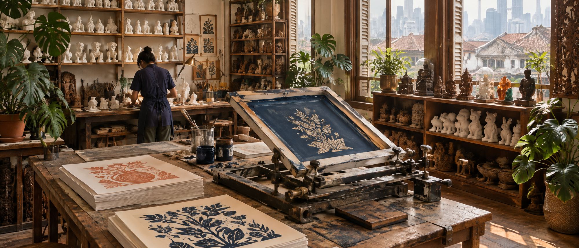Inside a light-filled studio with a screen-printing press, shelves of plaster figurines and wooden crafts.