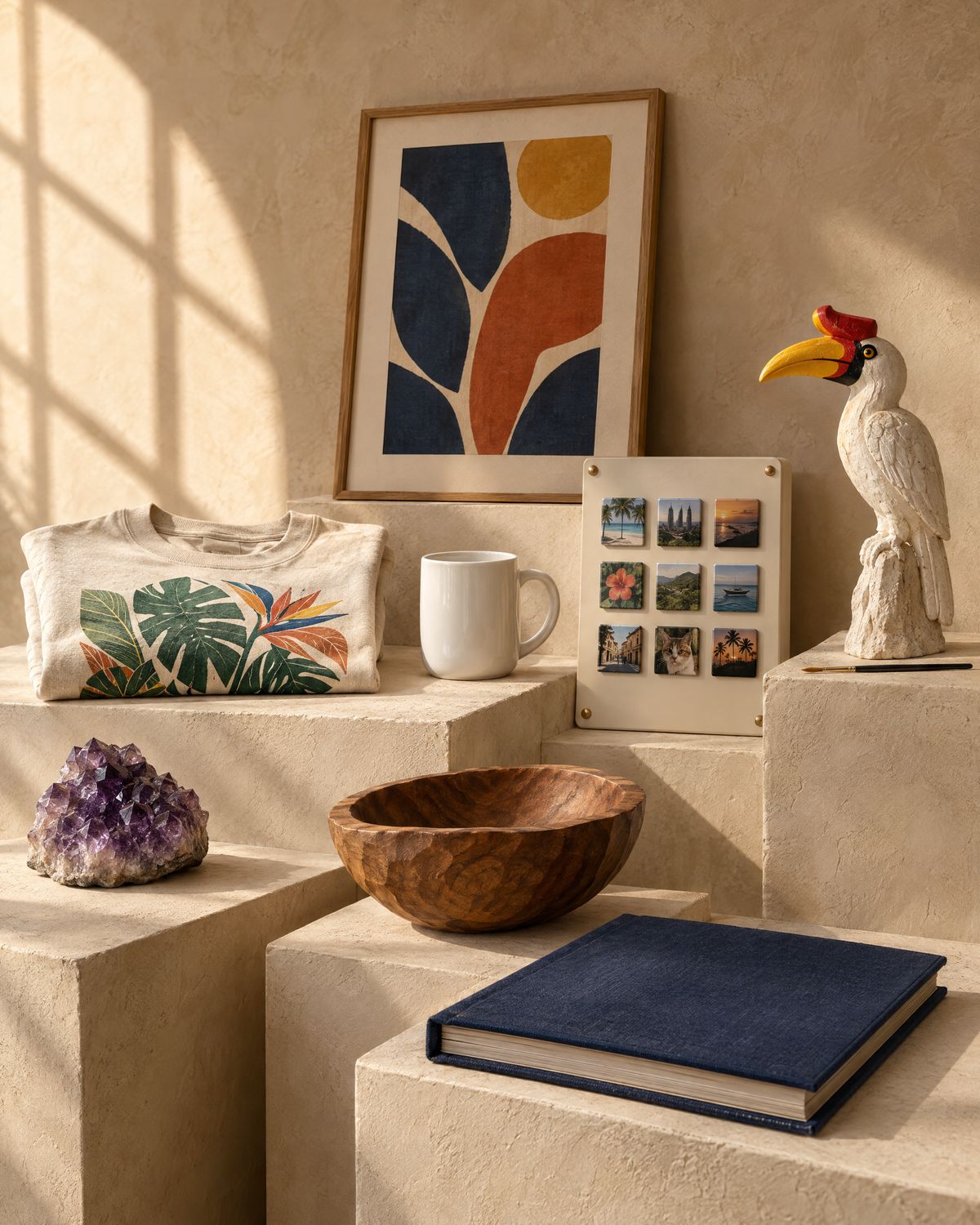 A framed art print, a printed tee, a mug, photo magnets, a hand-painted hornbill, an amethyst, a carved bowl and a linen photo album on plaster plinths.