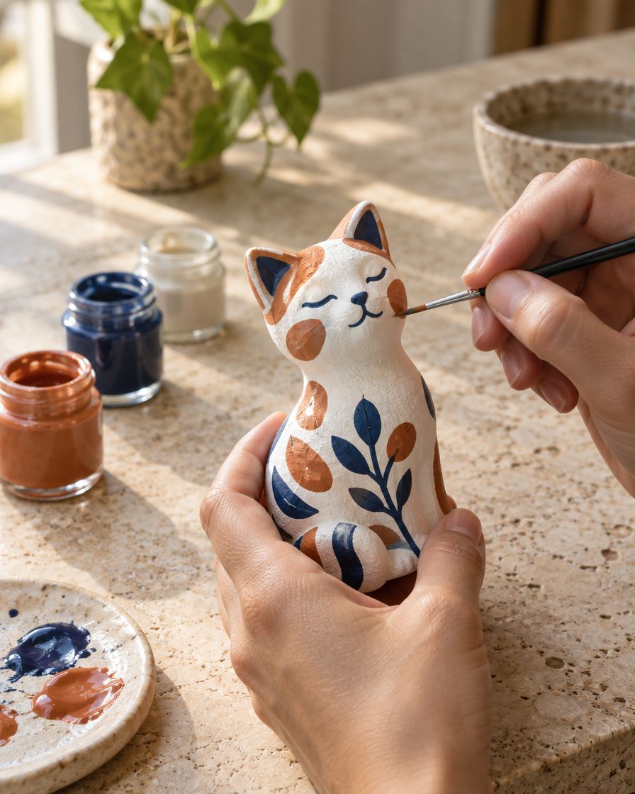 Hands painting a small plaster cat figurine in terracotta and navy.