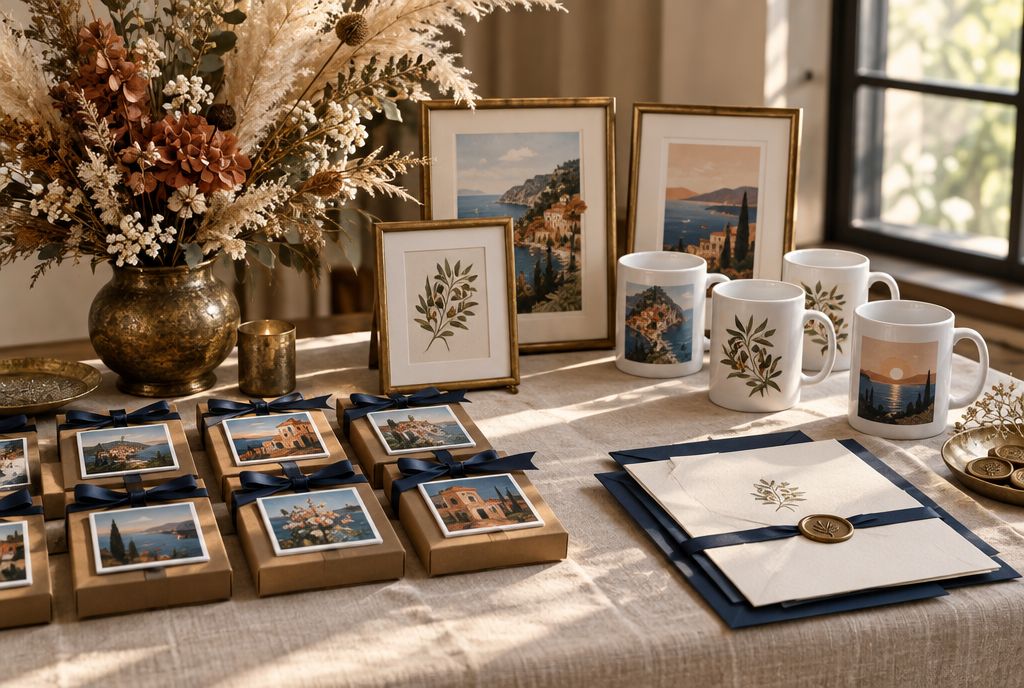 A wedding favour table with personalised magnets, framed prints, mugs and an invitation suite.