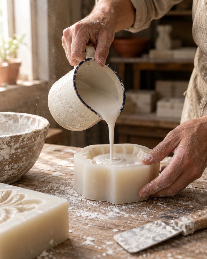 Liquid plaster being poured into a mould.